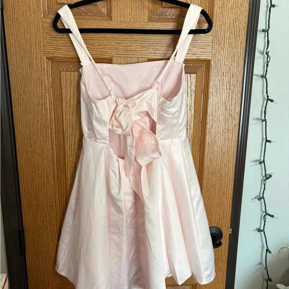 Lulu's Pink Satin Babydoll dress w/ bow tie in the back - Picture 3 of 5